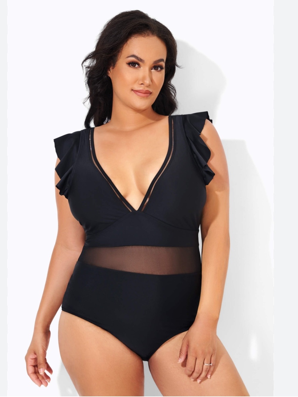 🍾NWT Meet.Curve Black Ruffle One-Piece Swimsuit, mesh tummy, Size 2XL